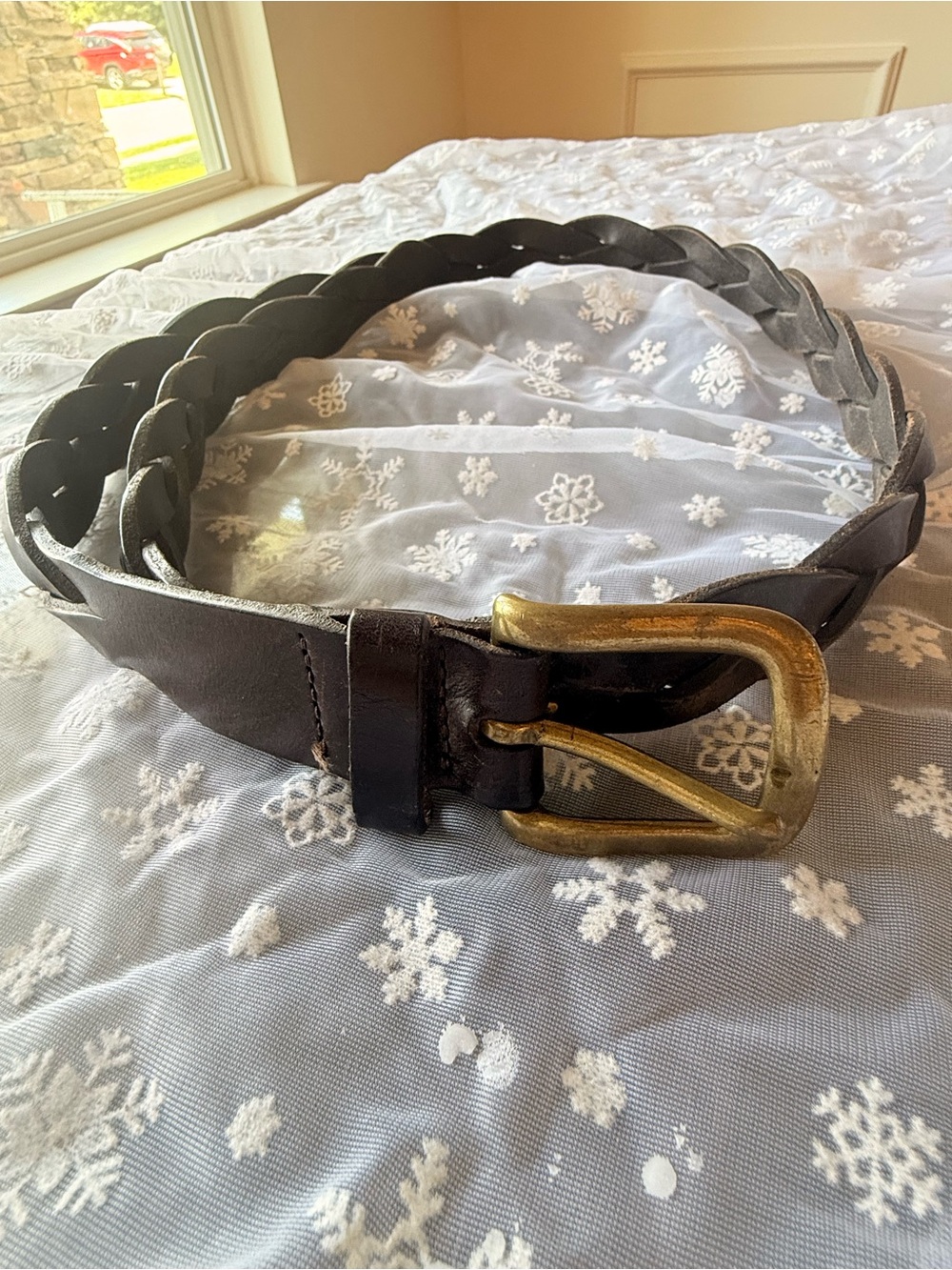 Eddie Bauer Brown Braided Genuine Leather Belt Solid Brass Buckle Size 44